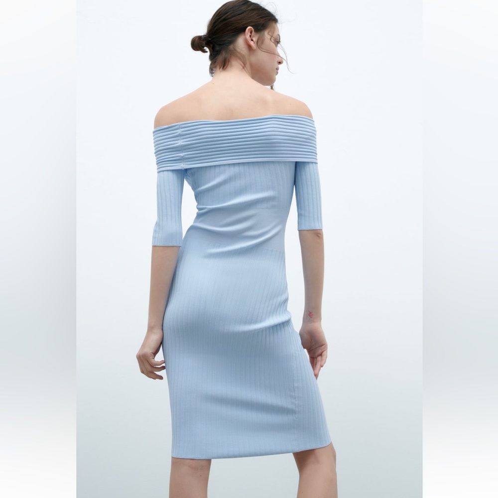 Zara OFF-THE-SHOULDER KNIT DRESS. Light Blue. Size S. New with Tags. - Picture 6 of 10